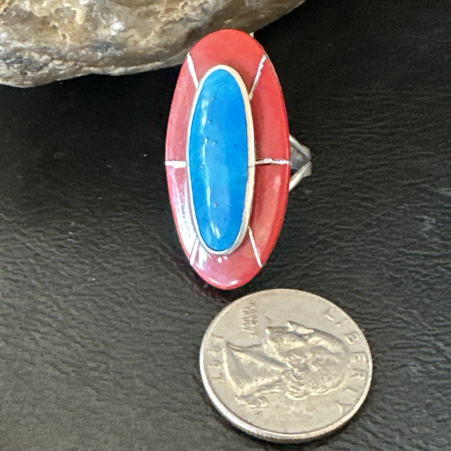 Blue Turquoise Coral Navajo Sterling Silver Ring Size 7.5 18766