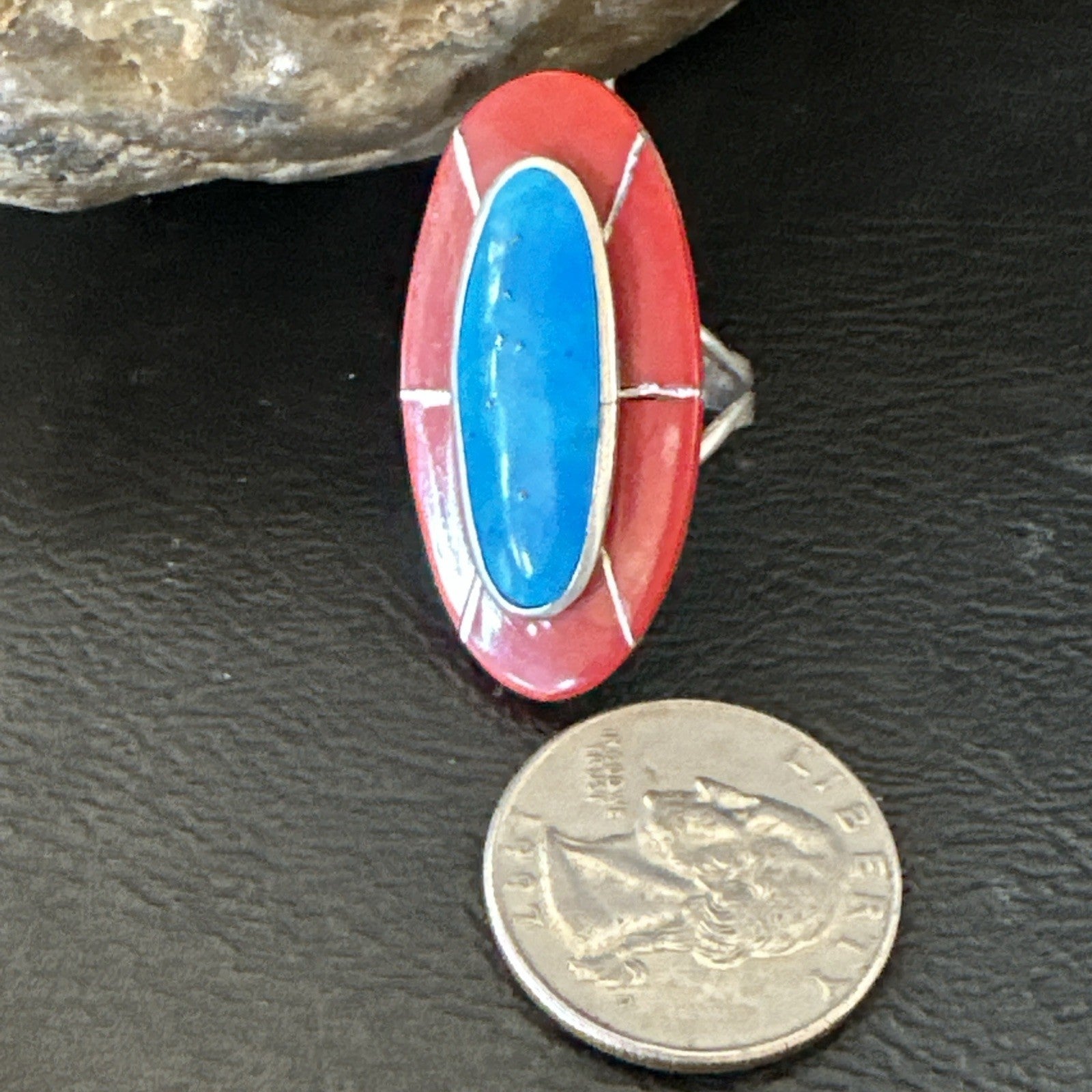 Blue Turquoise Coral Navajo Sterling Silver Ring Size 7.5 18766