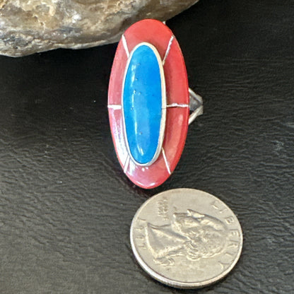 Blue Turquoise Coral Navajo Sterling Silver Ring Size 7.5 18766