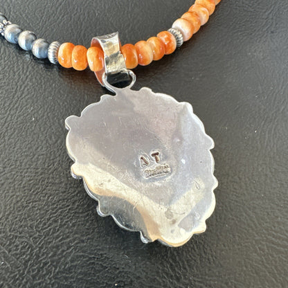 Orange Spiny Oyster Heart Pendant Navajo Sterling Silver Necklace Halloween16293
