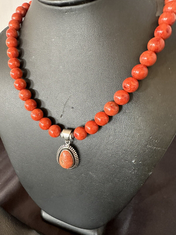 Navajo Apple Sponge Coral Necklace Pendant 20" | Sterling Silver | Authentic Native American Handmade | 18329