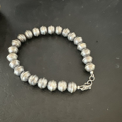 Handmade Stamped Navajo Pearls 8mm Beads 7” Sterling Silver Bracelet 93387