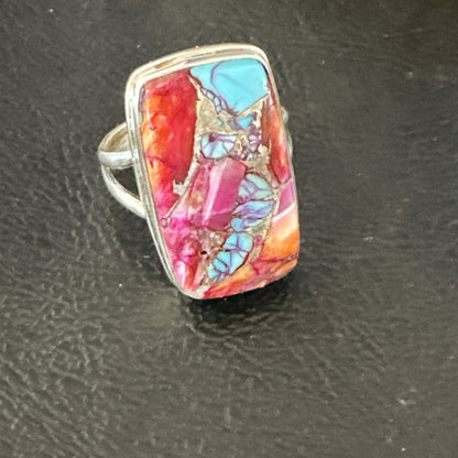 Blue Turquoise Spiny Oyster Southwestern Sterling Silver Ring Size 9 19060