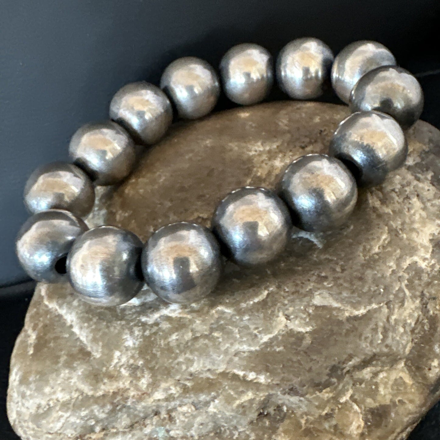 Navajo 12mm Beads Stretch Sterling Silver Bracelet 7" 91202