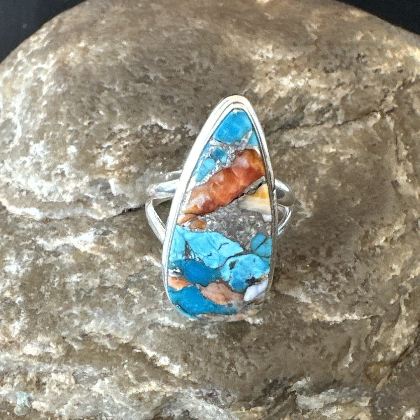 Blue Turquoise Spiny Oyster Southwestern Sterling Silver Ring Size 5 18501