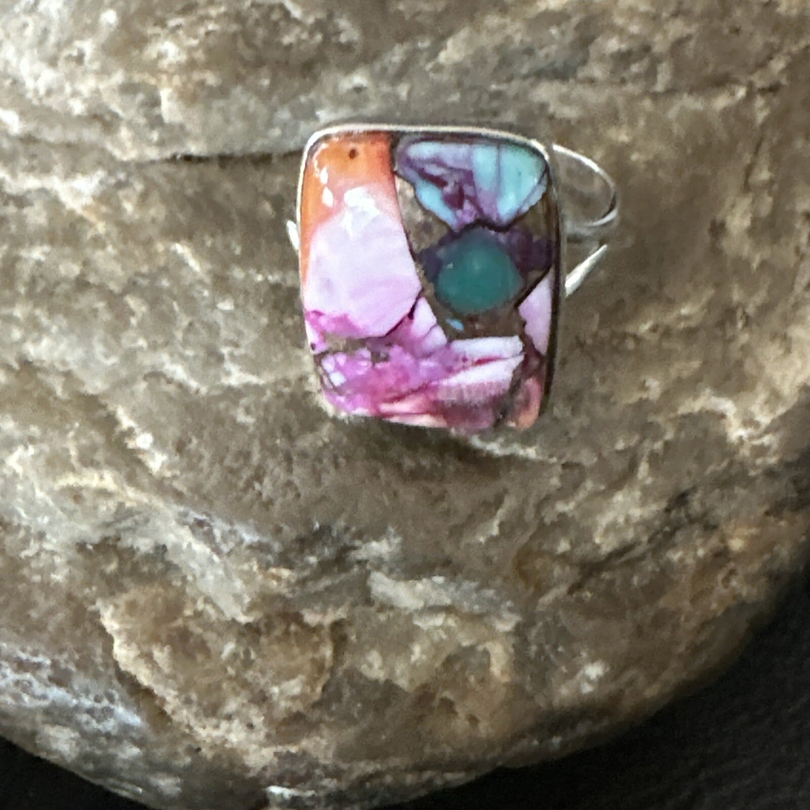 Blue Turquoise Spiny Oyster Southwestern Sterling Silver Ring Size 8 18442