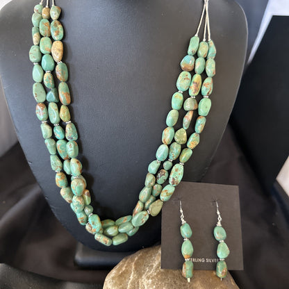 Green Turquoise Heishi 3S Navajo Sterling Silver 22" Necklace Earrings 18569