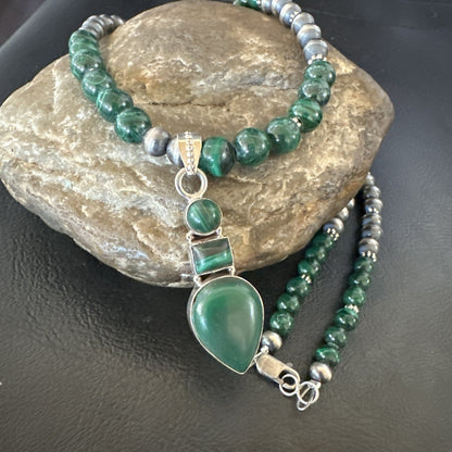 Womens Green Malachite Pendant Navajo Sterling Silver Necklace 18373