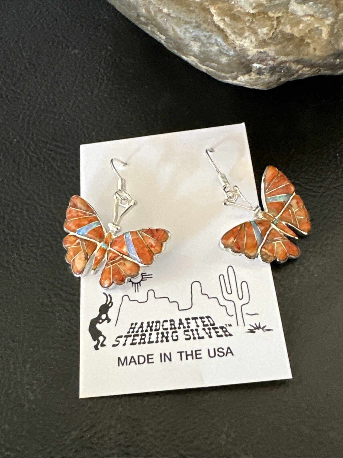 Butterfly Orange Spiny Oyster Opal Inlay Sterling Silver Dangle Earrings 18555
