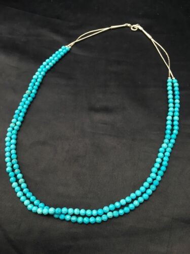 Blue Turquoise Faceted Bead 2 Strand Navajo Liquid Sterling Necklace 04368