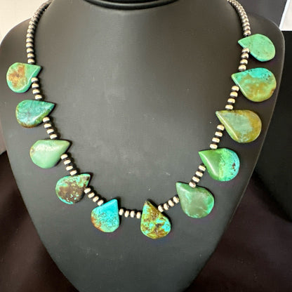 Blue Green Turquoise Teardrop Navajo Pearls Sterling Silver Necklace 14390
