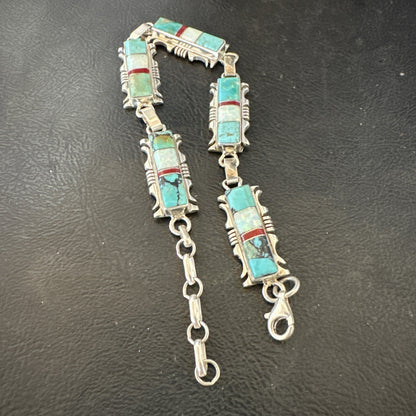 A Womens Blue Turquoise Opal Navajo Sterling Silver Link Bracelet 9" 19791