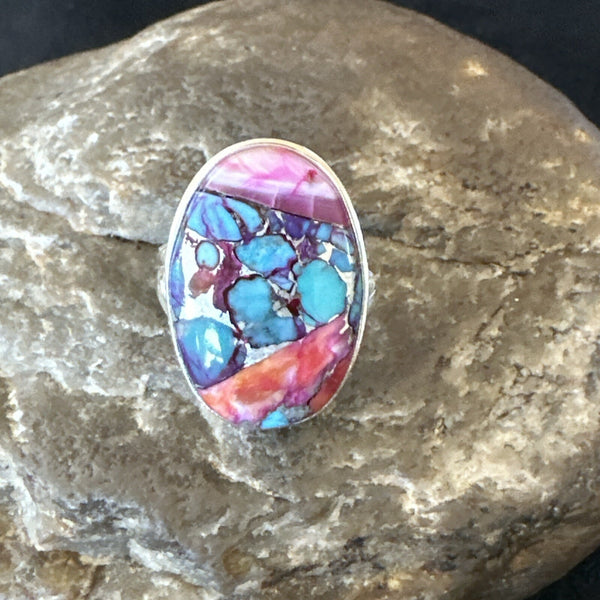 Blue Turquoise Spiny Oyster Southwestern Ring Size 8 | Sterling Silver | Authentic Native American Handmade | 18484