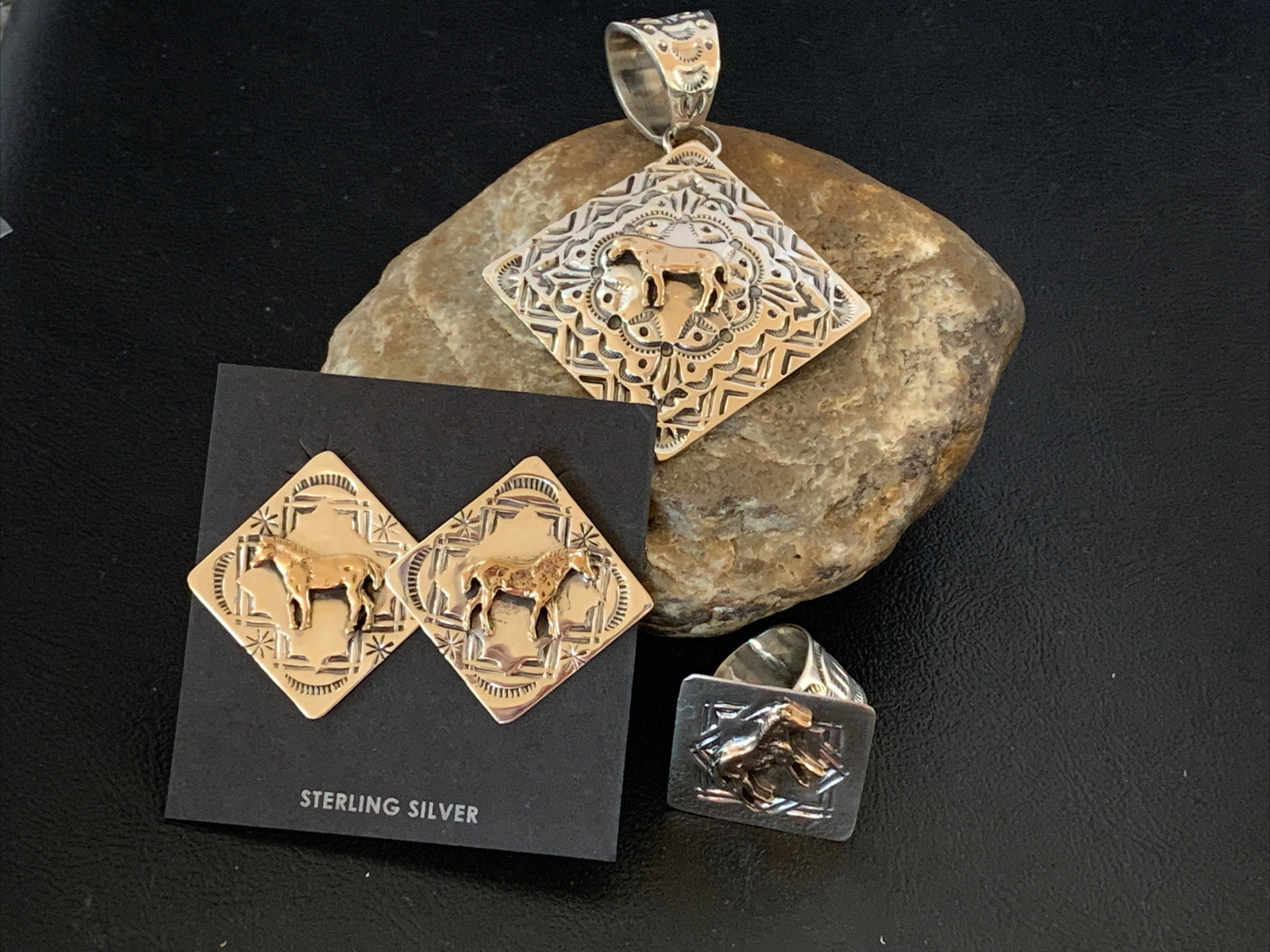 3 pc Set Brass Horse Navajo Sterling Silver Beads Pendant Earrings Ring 17979