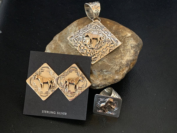 3 pc Set Brass Horse Navajo Beads Pendant Earrings Ring | Sterling Silver | Authentic Native American Handmade | 17979