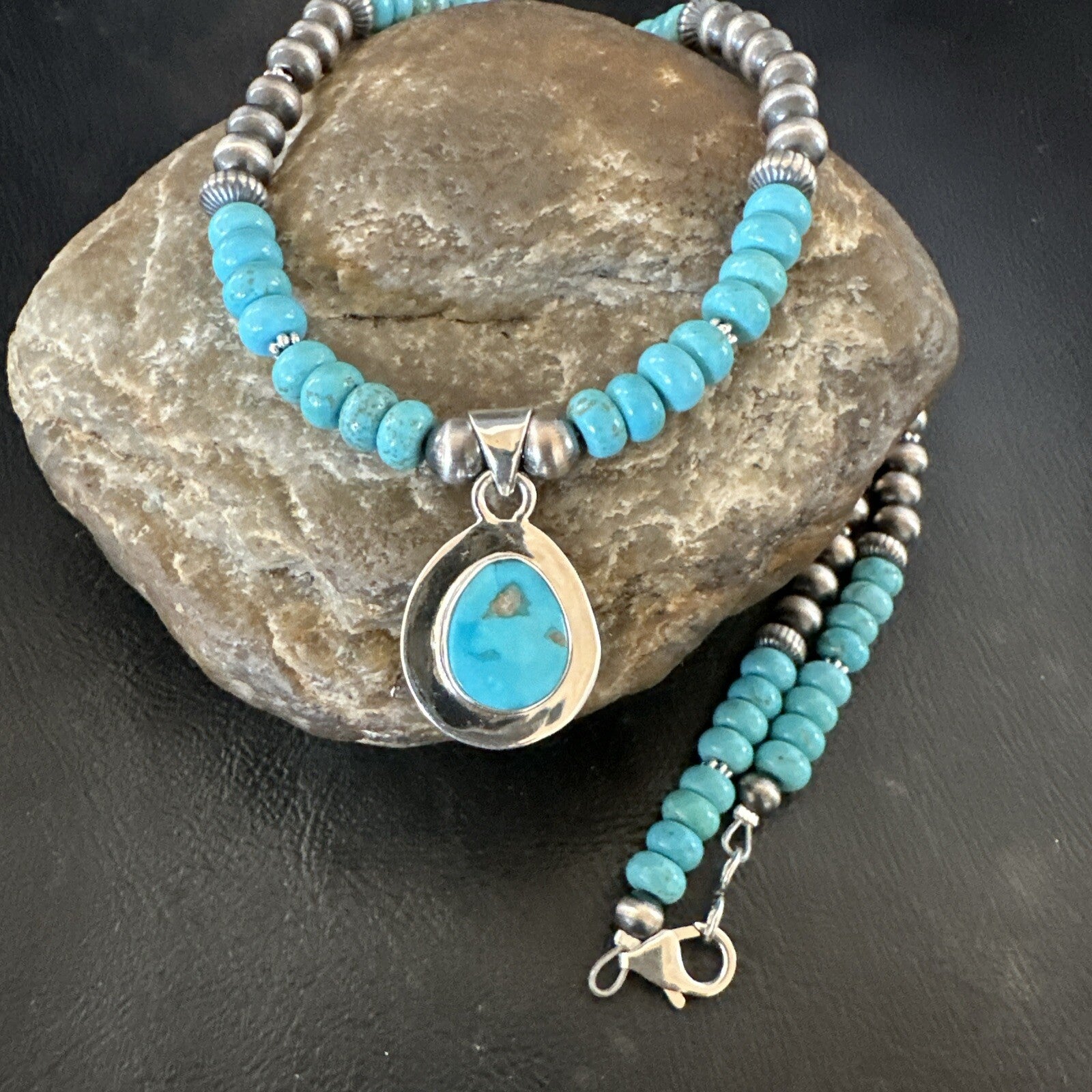 Mens Blue Kingman Turquoise Pendant Navajo Sterling Silver Necklace 21" 17903