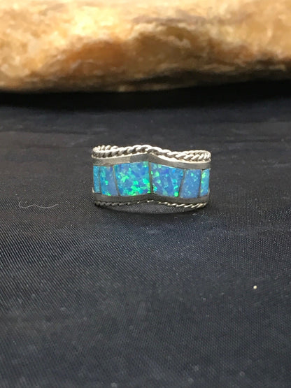 Native American Navajo Sterling Silver Blue Opal Inlay Ring Set7.75 02785