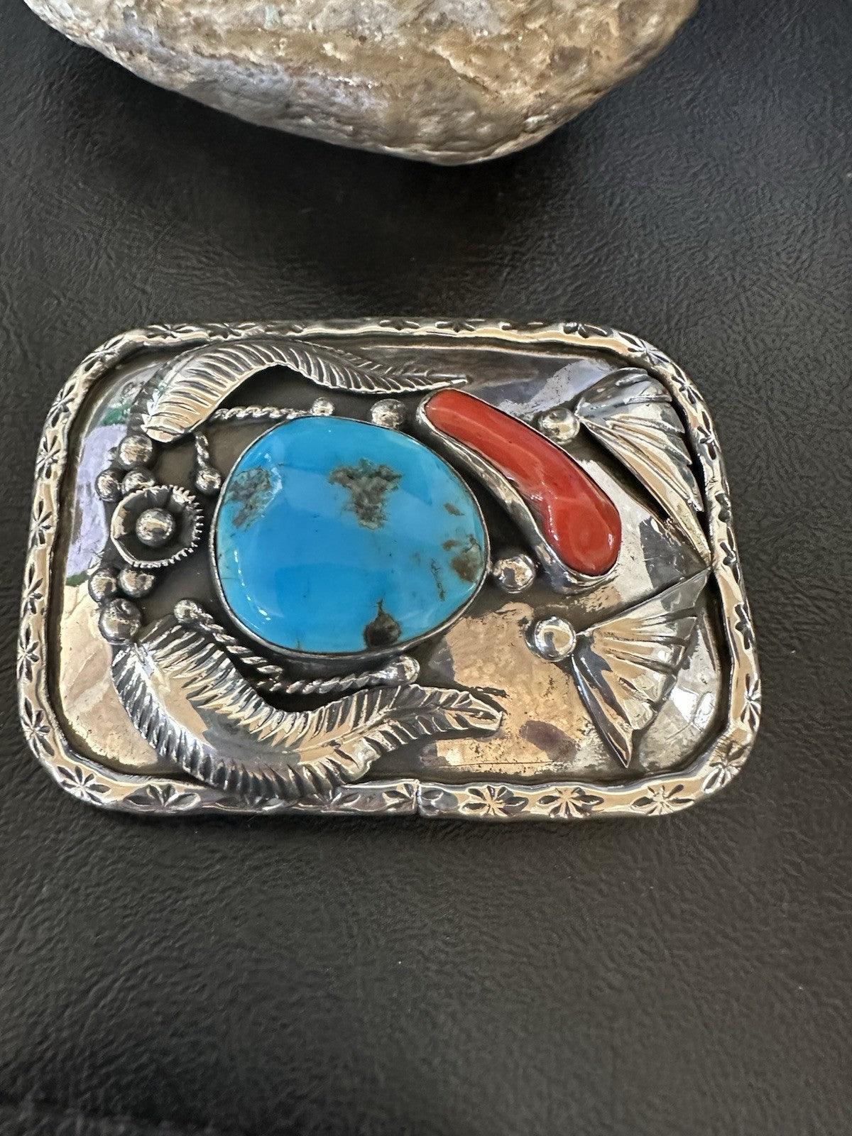 Mens Buckle Blue Turquoise Coral Navajo Sterling Silver Concho Belt 19489