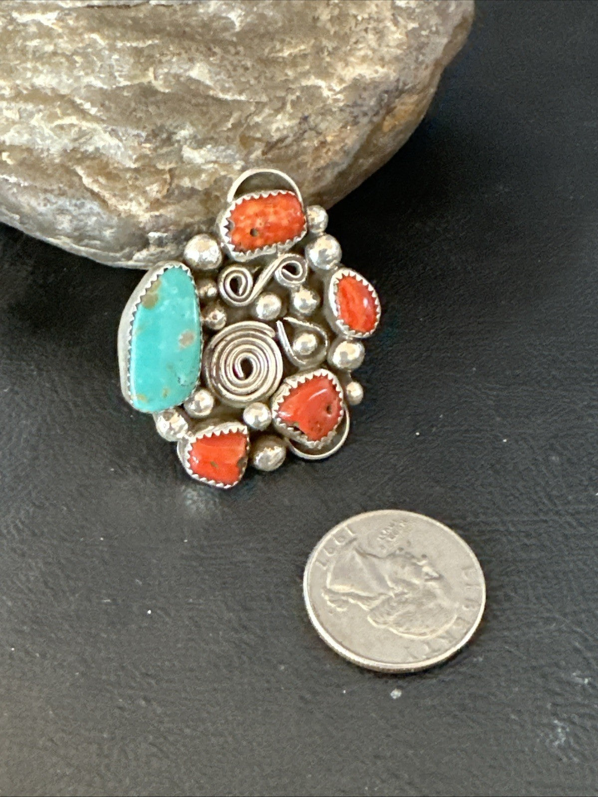 Navajo Blue Turquoise Coral Ring Multi-Stone Cluster Sz 9.5 19778