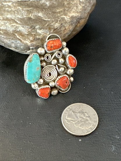 Navajo Blue Turquoise Coral Ring Multi-Stone Cluster Sz 9.5 19778