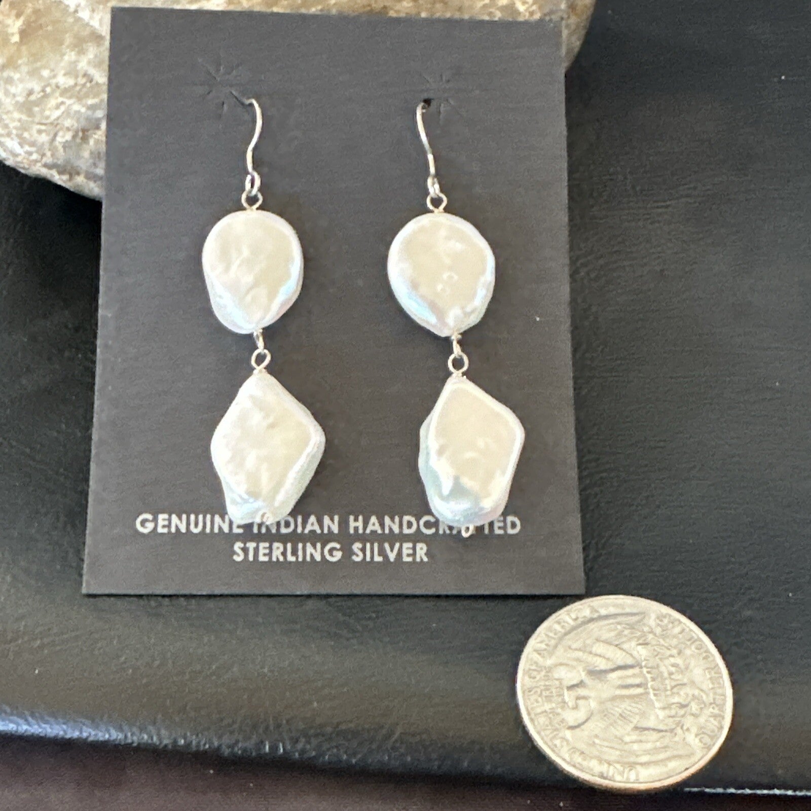 Beautiful White Sterling Silver Freshwater Pearl Dangle Earrings 1.5" 3077