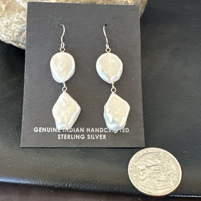 Beautiful White Sterling Silver Freshwater Pearl Dangle Earrings 1.5" 3077