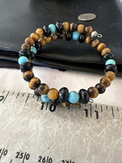 Blue Turquoise Coffee Tigers Eye Navajo Stainless Memory Wire Bracelet 19695