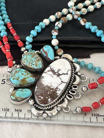XL Statement Wild Horse Turquoise#8 Navajo 3S Sterling Silver Necklace 34” 19674
