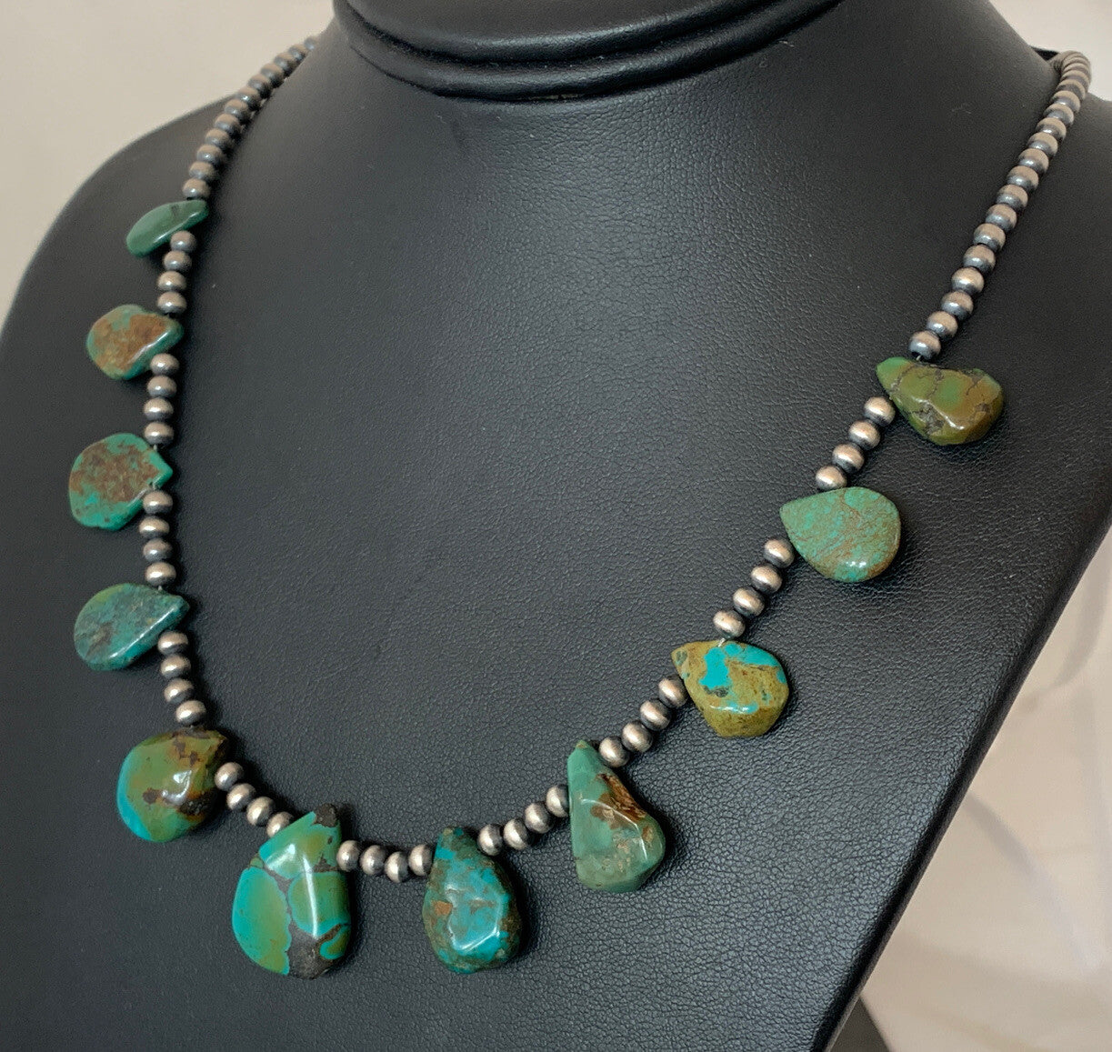 Green Royston Turquoise Navajo Pearls Sterling Silver 20" Necklace 00484