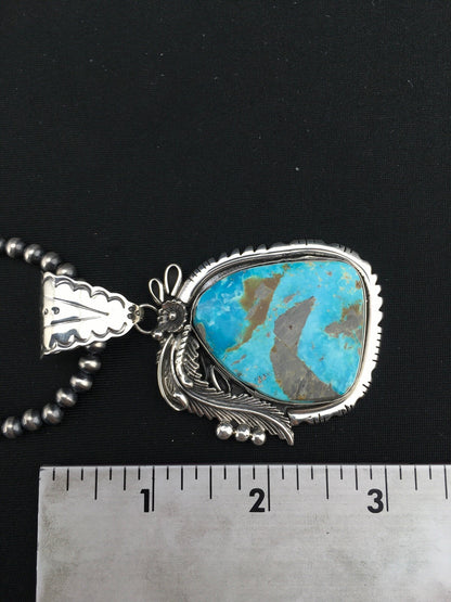 Kingman Turquoise Pendant Navajo Pearls Sterling Silver Necklace 04819