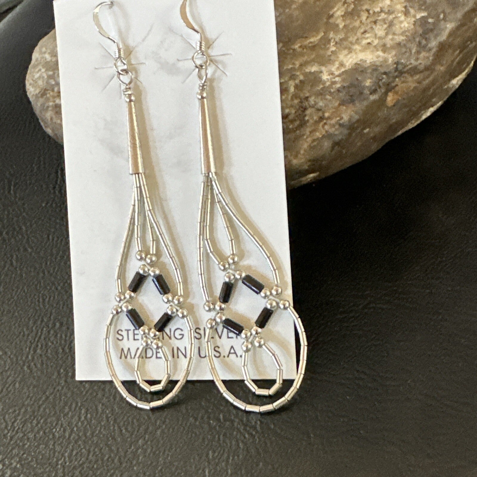 Black Onyx 2 Strands Heishi Liquid Sterling Silver Dangle Earrings 17935