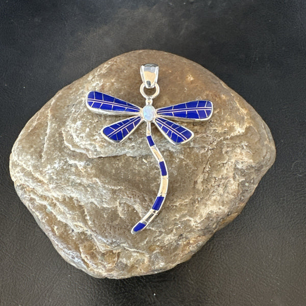Dragonfly Blue Lapis Inlay Pendant | Sterling Silver | Authentic Native American Handmade | 19140