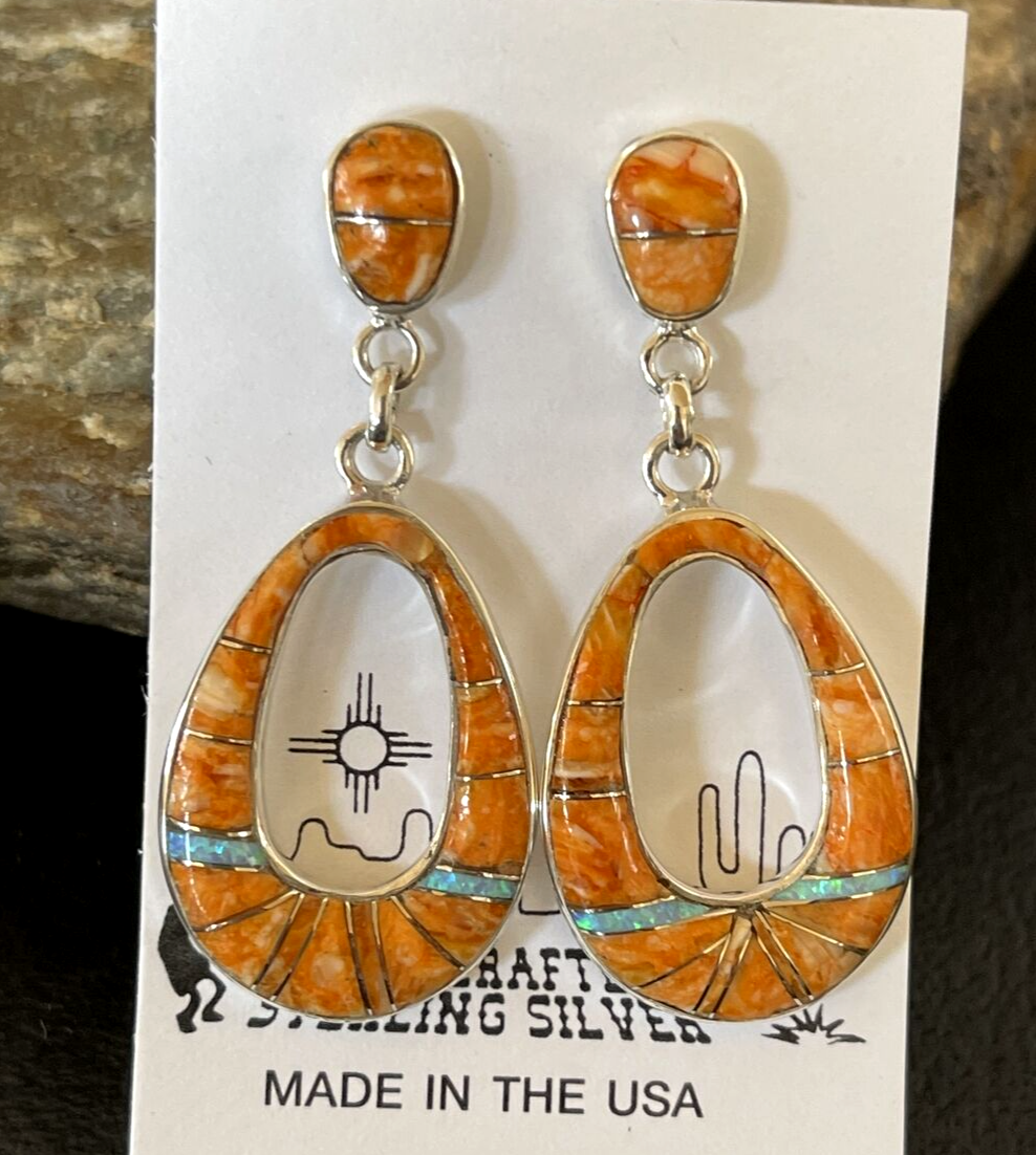 Womens Opal & Spiny Oyster Inlay Navajo Sterling Silver Dangle Earrings 19139
