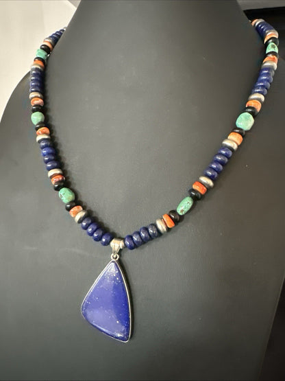 Lapis Turquoise Spiny Necklace Southwestern Sterling Silver Pendant 22” 19469