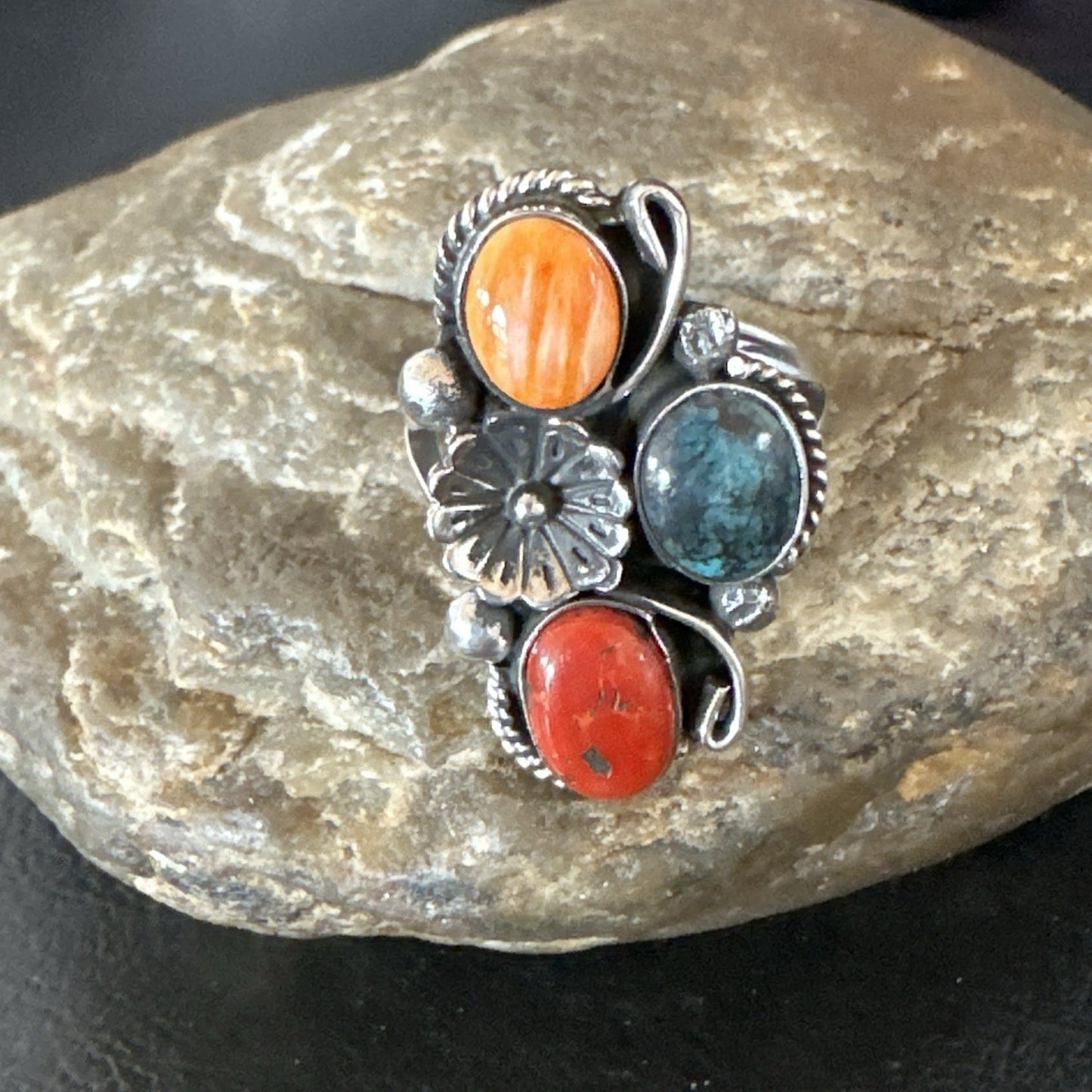 Multicolor Ring Turquoise Coral Spiny Navajo Sterling Silver Cluster Sz 10 19193