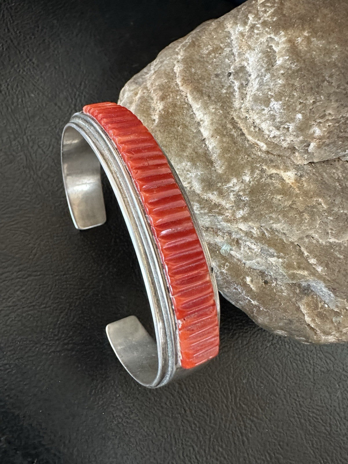 Native American Red Coral Navajo Bracelet Sterling Silver Handmade 19461
