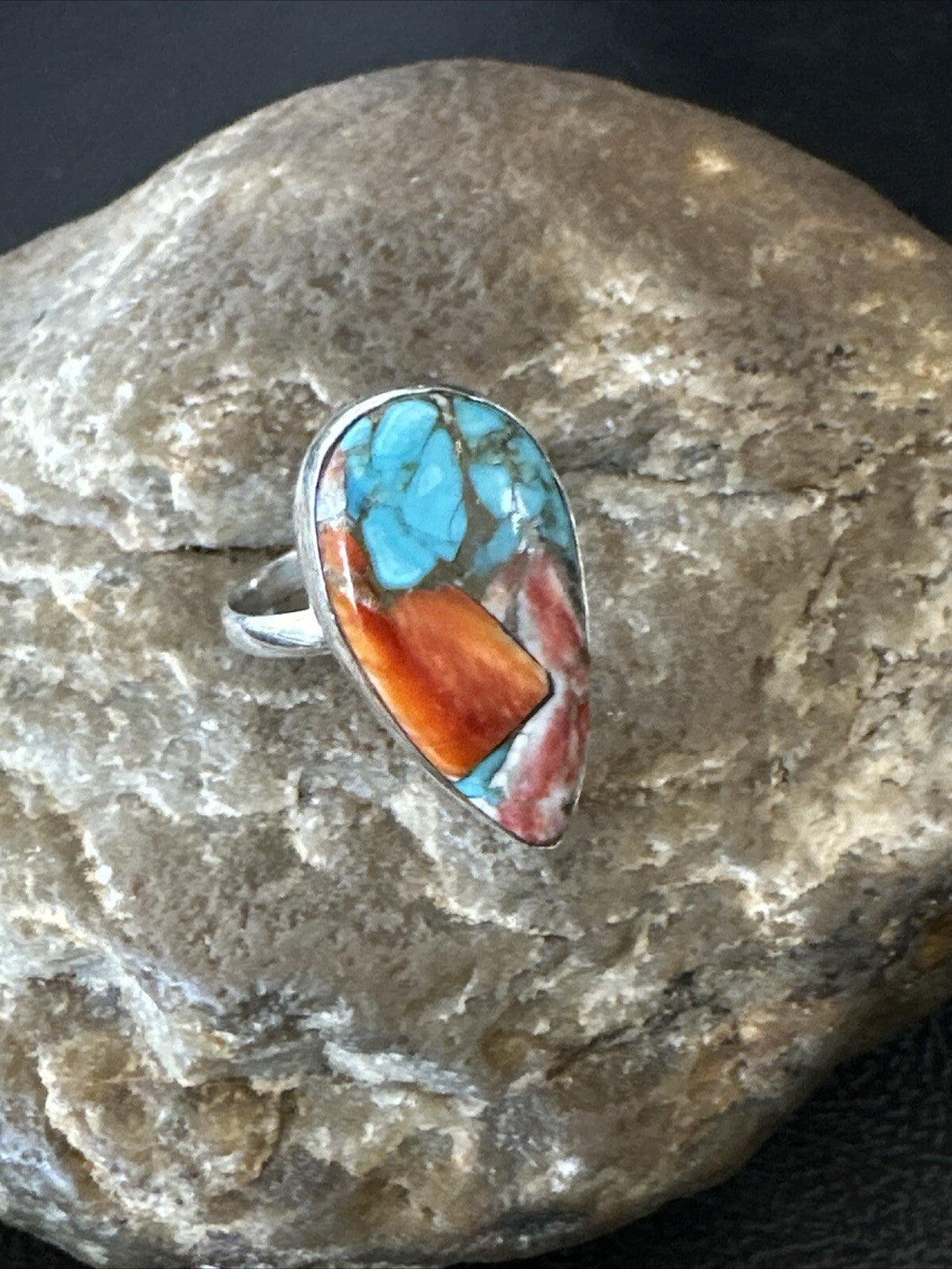 Blue Turquoise Spiny Oyster Southwestern Sterling Silver Ring Size 8 18435
