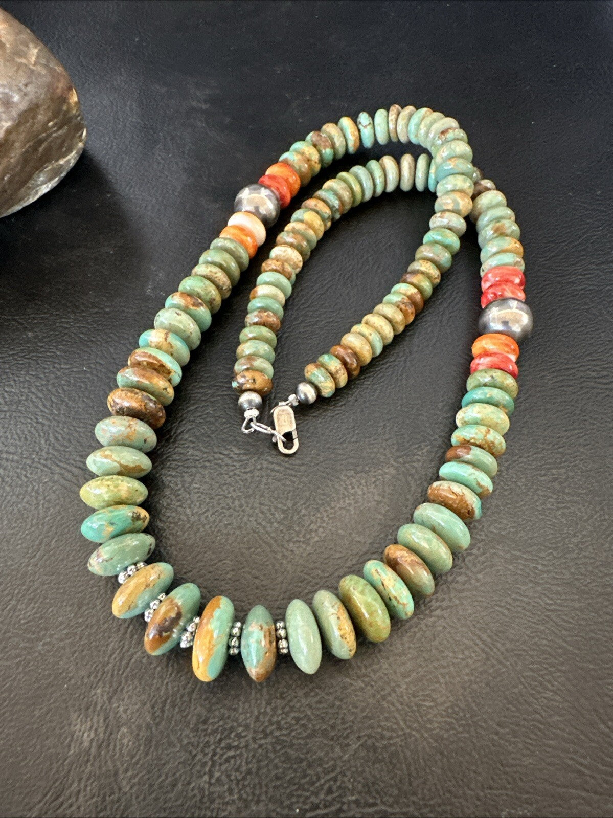 Green Turquoise Spiny Oyster Navajo Pearls Sterling Silver Necklace 18318