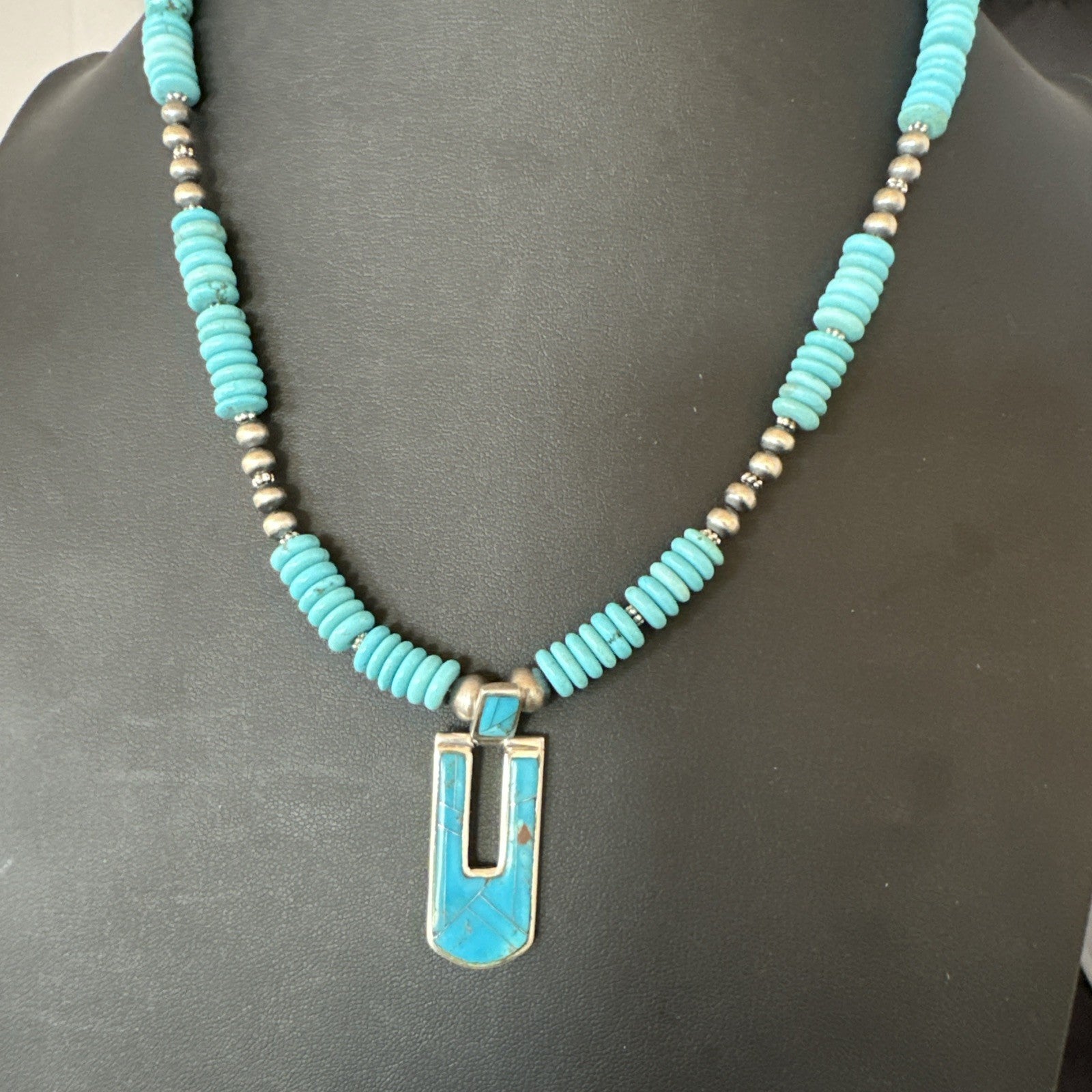 Blue Turquoise Inlay Pendant Navajo Sterling Silver Necklace 20" 19712