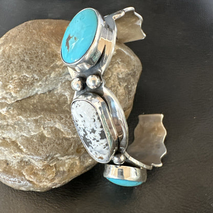 Mens White Buffalo Blue Turquoise Navajo Sterling Silver Cuff Bracelet 19504