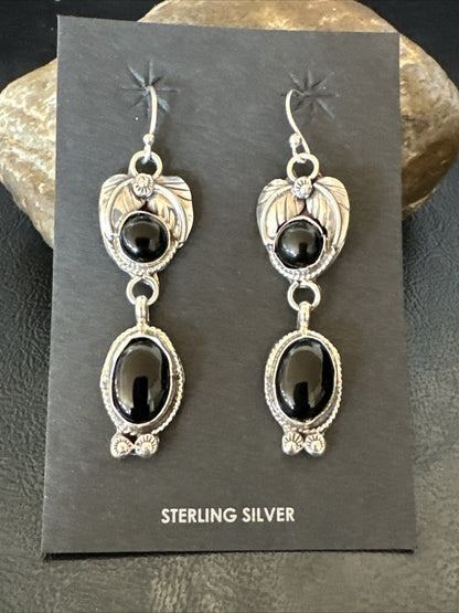 Black Onyx Navajo Sterling Silver Dangle Earrings 1.5" 18293