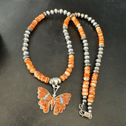 Butterfly Orange Spiny Oyster Opal Inlay Sterling Silver  Necklace Pendant 18676