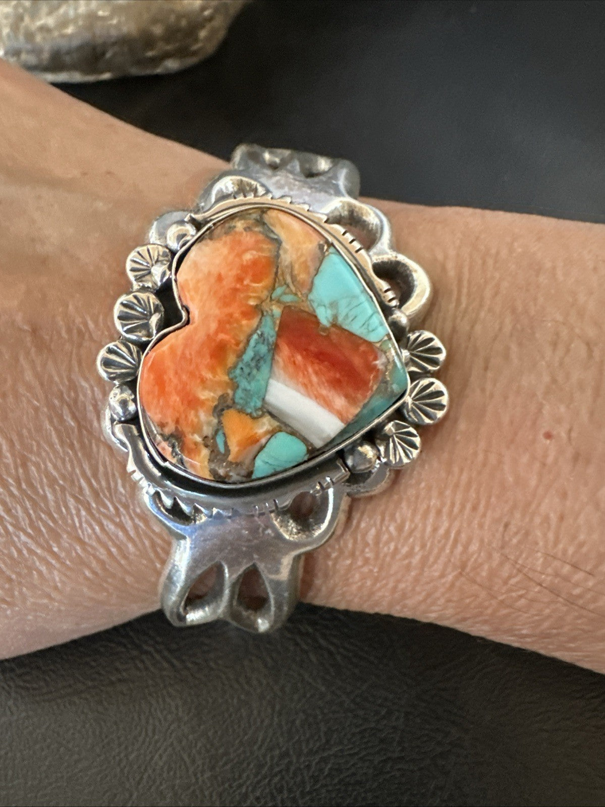 WoMens Tufa Heart Spiny Turquoise Navajo Silver Cuff Bracelet 7.6” 19457