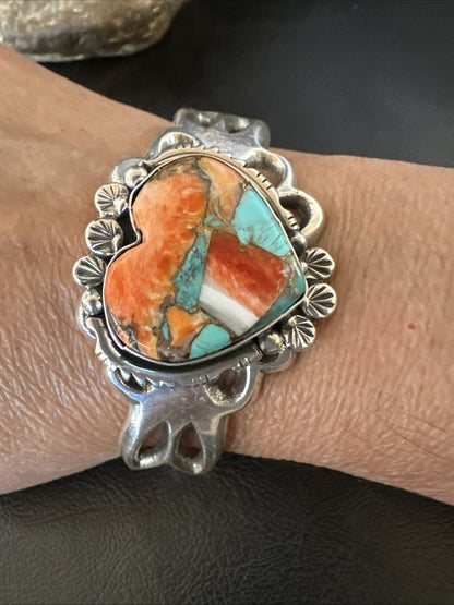 WoMens Tufa Heart Spiny Turquoise Navajo Silver Cuff Bracelet 7.6” 19457