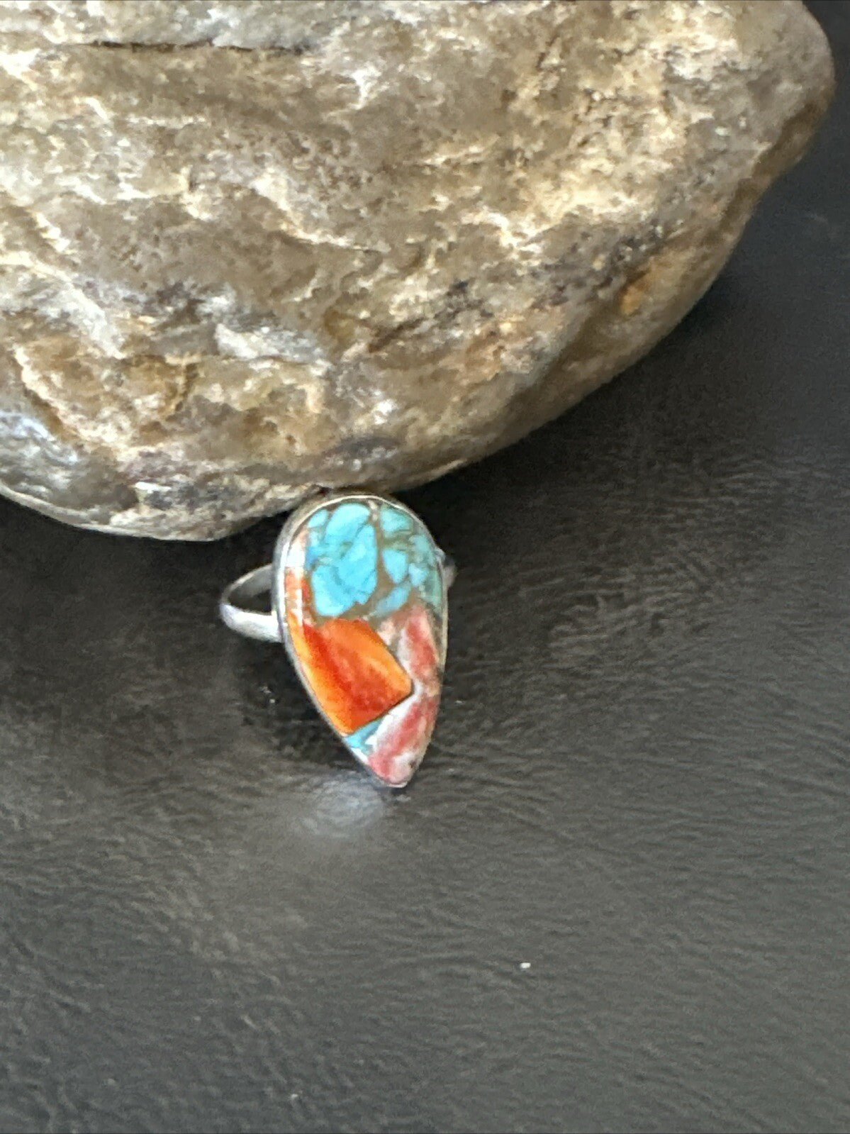Blue Turquoise Spiny Oyster Southwestern Sterling Silver Ring Size 8 18435