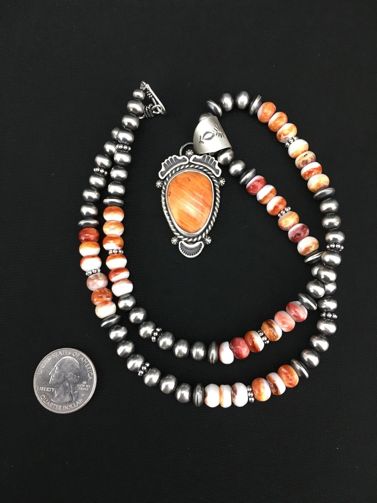 Orange Spiny Oyster Pendant Sterling Silver Beads Necklace 22" 01241