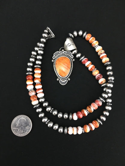 Orange Spiny Oyster Pendant Sterling Silver Beads Necklace 22" 01241