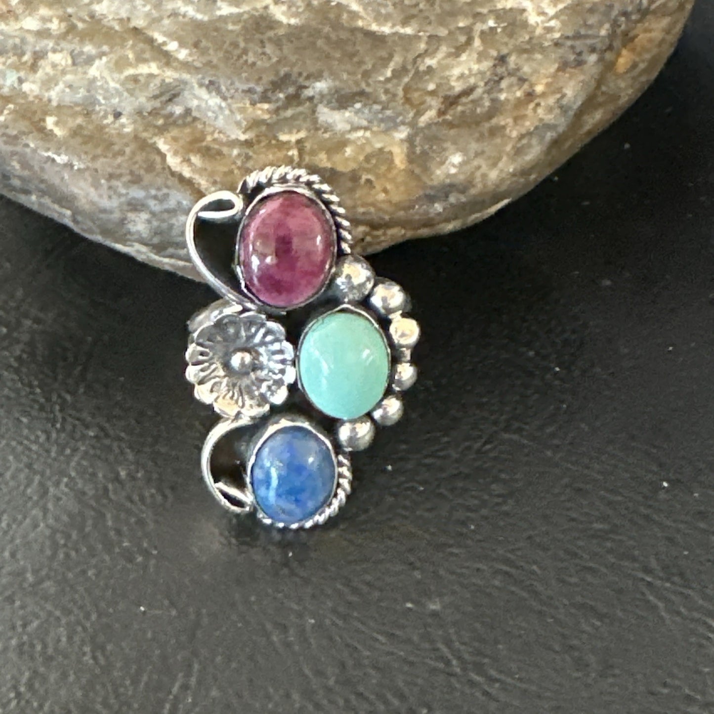 Multicolor Ring Turquoise Spiny Navajo Sterling Silver Cluster Size 8.5 19168
