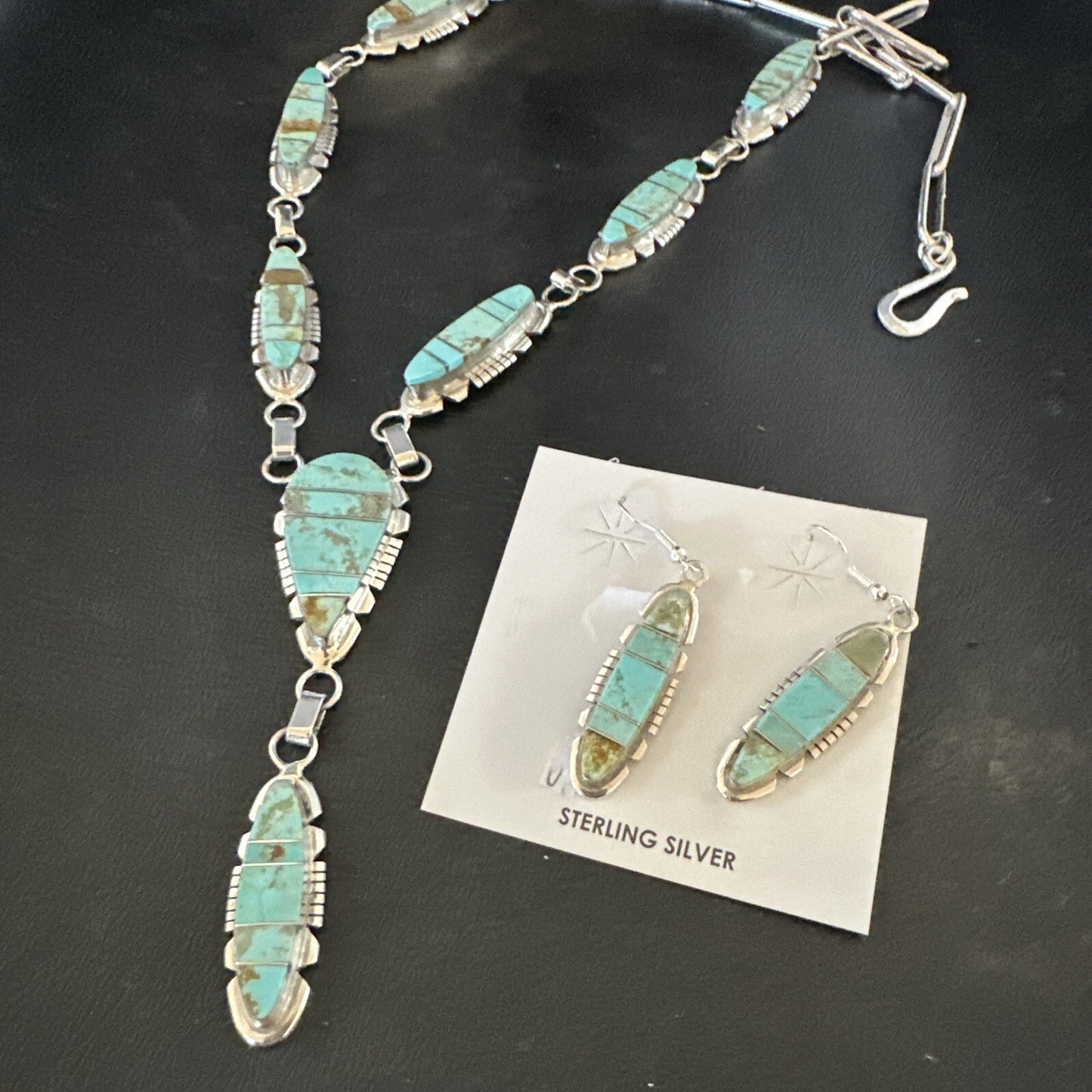 Inlay Blue Turquoise#8 Navajo Sterling Silver Lariat Necklace Earrings 24” 17770