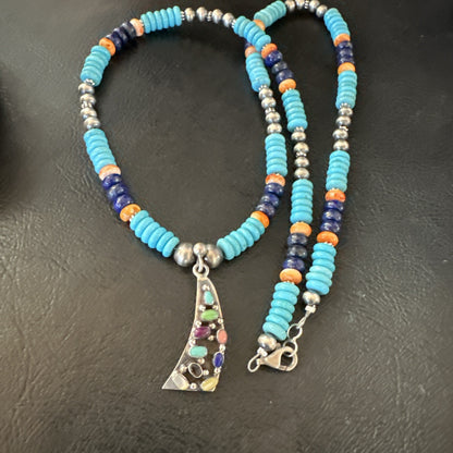 Multicolor Turquoise Spiny Navajo Sterling Silver Cluster Pendant Necklace 19650